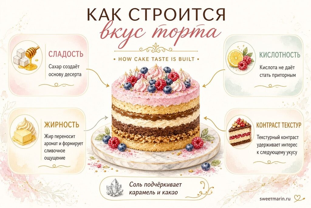 Как строится вкус торта: сладость, кислотность, жирность и контраст текстур Как строится вкус торта: сладость, кислотность, жирность и контраст текстур